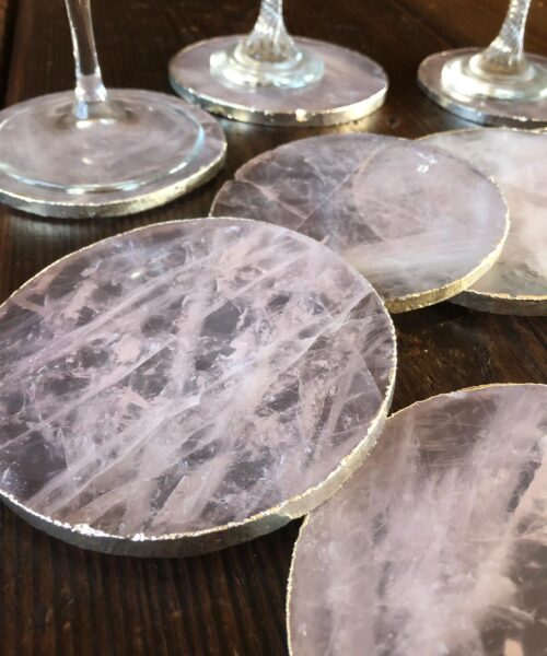 Rose Quartz Premium Coasters Circle Shape Silver Gilded Edge (set of 4)
