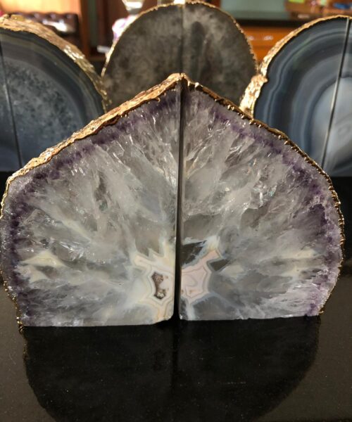 Grey Agate 24ct Gold Edge Microcrystalline Quartz Premium Bookends Ornament Gift