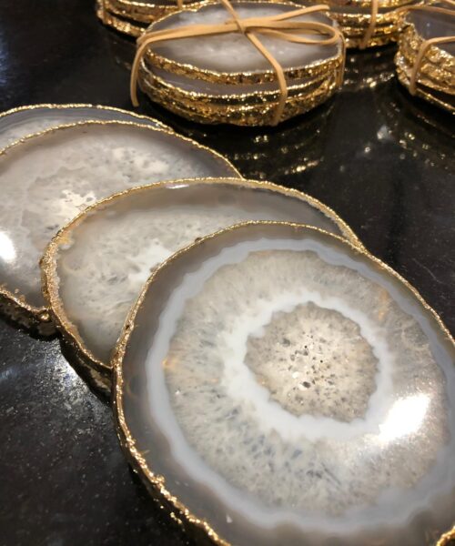 Grey Agate 24ct Gold Edge, Gilded, Microcrystalline Quartz Premium Coasters (Set of 4) Gift