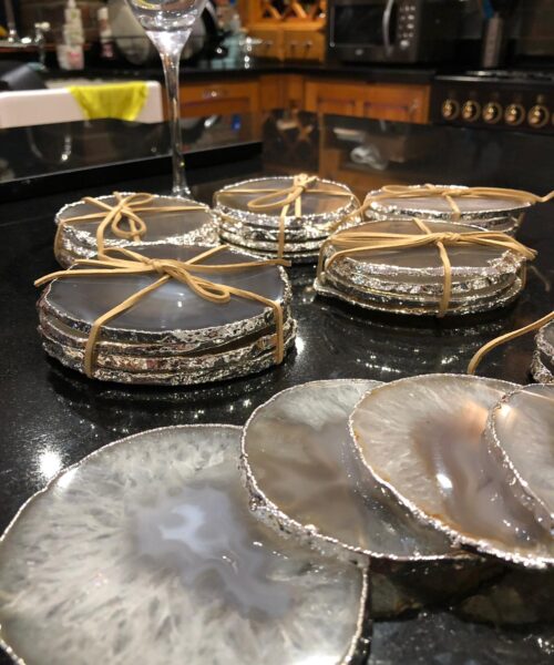 Grey, Agate Silver Edge, Gilded, Microcrystalline Quartz Premium Coasters (Set of 4) - Image 3