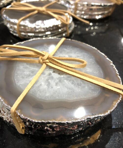 Grey, Agate Silver Edge, Gilded, Microcrystalline Quartz Premium Coasters (Set of 4)