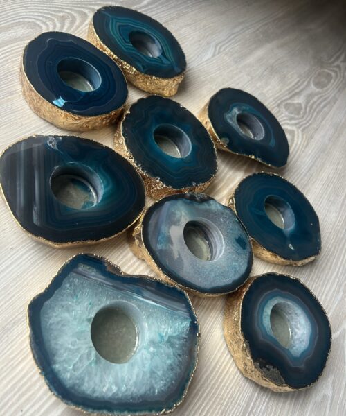 Large Teal Agate Slice Microcrystalline Quartz Gold Gilded 24ct Tealight Candle Holder Ornament Gift - Image 5