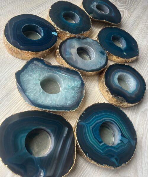 Large Teal Agate Slice Microcrystalline Quartz Gold Gilded 24ct Tealight Candle Holder Ornament Gift - Image 15