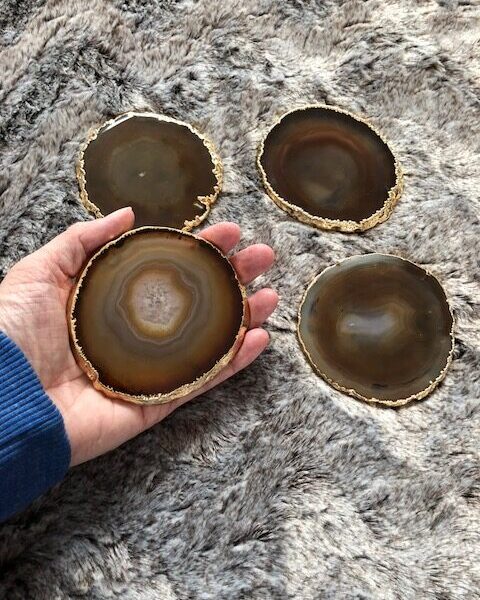 Natural Caramel Agate 24ct Gold Edge, Gilded, Microcrystalline Quartz Premium Coasters (Set of 4) Gift - Image 13