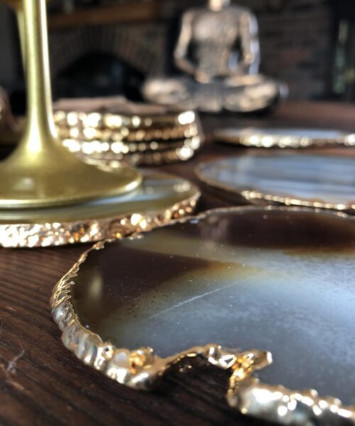 Natural Caramel Agate 24ct Gold Edge, Gilded, Microcrystalline Quartz Premium Coasters (Set of 4) Gift - Image 24