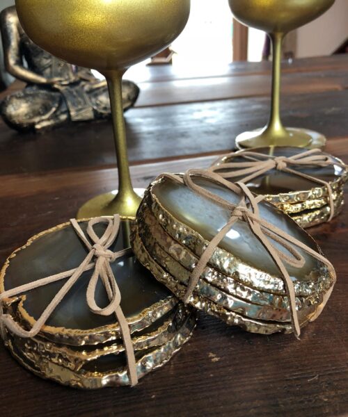 Natural Caramel Agate 24ct Gold Edge, Gilded, Microcrystalline Quartz Premium Coasters (Set of 4) Gift