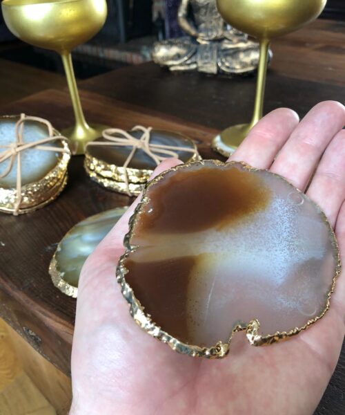 Natural Caramel Agate 24ct Gold Edge, Gilded, Microcrystalline Quartz Premium Coasters (Set of 4) Gift - Image 28