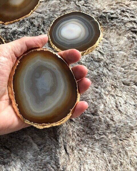 Natural Caramel Agate 24ct Gold Edge, Gilded, Microcrystalline Quartz Premium Coasters (Set of 4) Gift - Image 10