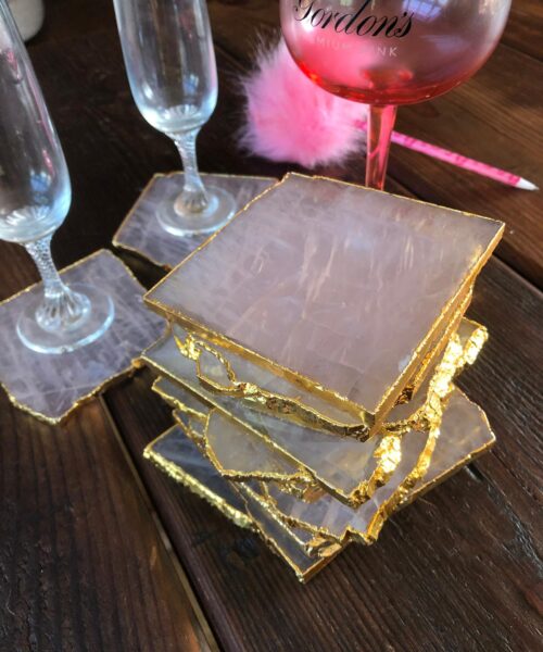 Rose Quartz Premium Coasters Natural Shape 24ct Gold Gilded Edge (set of 4)
