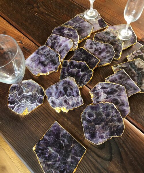 Amethyst Premium Coasters Natural Shape 24ct Gold Gilded Edge (set of 4) Gift