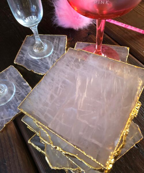 Alternative view of Rose Quartz Premium Coasters Natural Shape 24ct Gold Gilded Edge (set of 4)