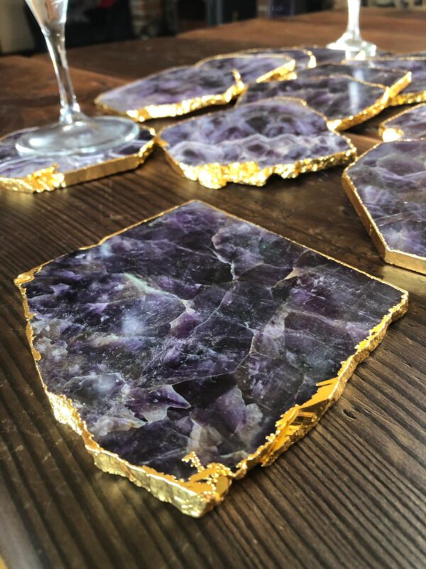 Amethyst Premium Coasters Natural Shape 24ct Gold Gilded Edge - set of 4