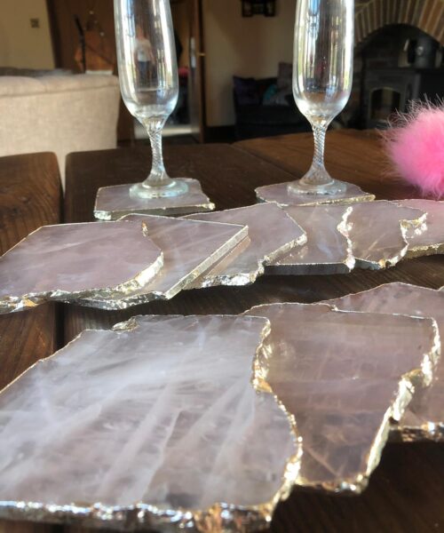Rose Quartz Premium Coasters Natural Shape Silver Gilded Edge (set of 4)