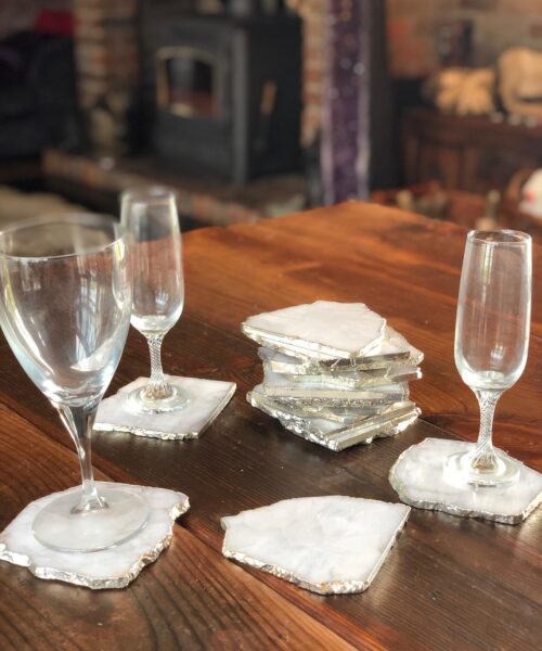 White Crystal Quartz Coasters Natural Shape Silver Gilded Edge (set of 4)
