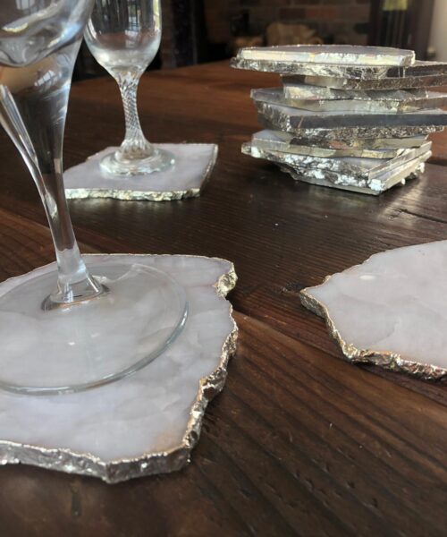 White Crystal Quartz Coasters Natural Shape Silver Gilded Edge (set of 4) - Image 3