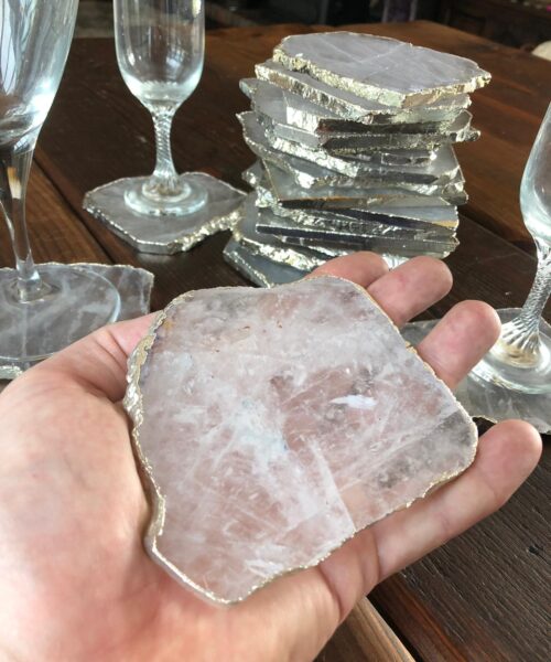 Clear Quartz Premium Coasters Natural Shape Silver Gilded Edge (set of 4) - Image 4