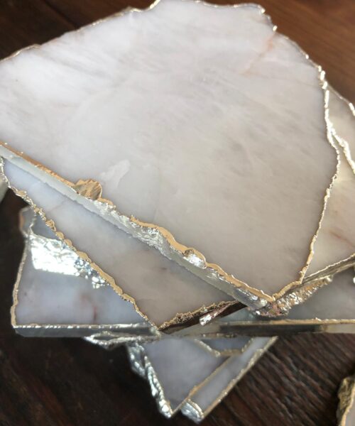 White Crystal Quartz Coasters Natural Shape Silver Gilded Edge (set of 4) - Image 6