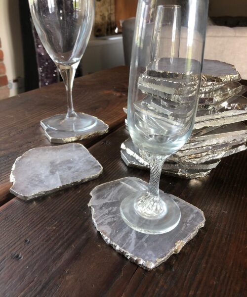 Clear Quartz Premium Coasters Natural Shape Silver Gilded Edge (set of 4)