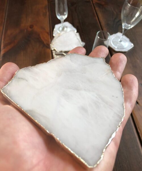 White Crystal Quartz Coasters Natural Shape Silver Gilded Edge (set of 4) - Image 9