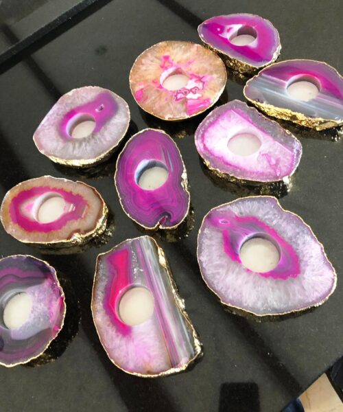 Large Pink Agate Slice Microcrystalline Quartz Gold Gilded 24ct Tealight Candle Holder