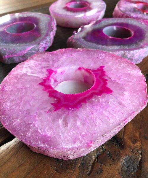 Alternative view of Large Pink Agate Slice Microcrystalline Quartz Tealight Candle Holder Ornament Gift