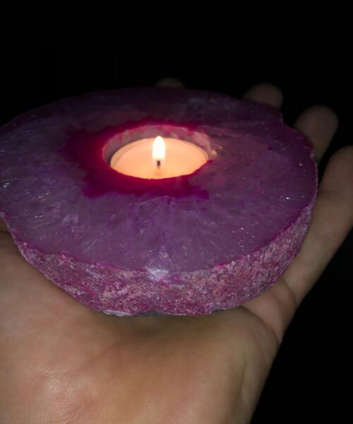 Large Pink Agate Slice Microcrystalline Quartz Tealight Candle Holder Ornament Gift - Image 11