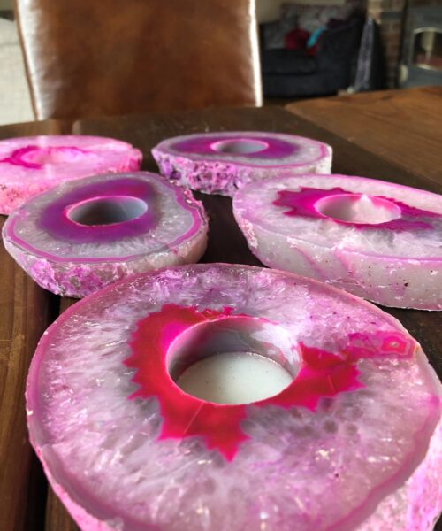 Large Pink Agate Slice Microcrystalline Quartz Tealight Candle Holder Ornament Gift - Image 3