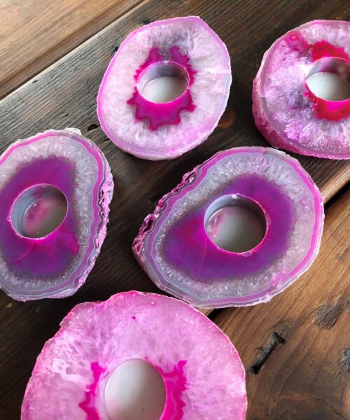 Large Pink Agate Slice Microcrystalline Quartz Tealight Candle Holder Ornament Gift