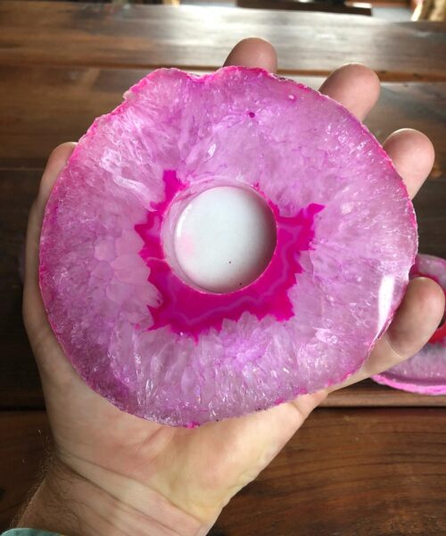 Large Pink Agate Slice Microcrystalline Quartz Tealight Candle Holder Ornament Gift - Image 5