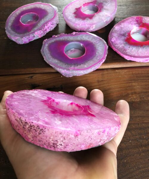 Large Pink Agate Slice Microcrystalline Quartz Tealight Candle Holder Ornament Gift - Image 6