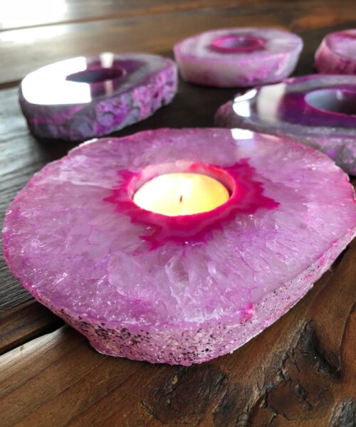 Large Pink Agate Slice Microcrystalline Quartz Tealight Candle Holder Ornament Gift - Image 9