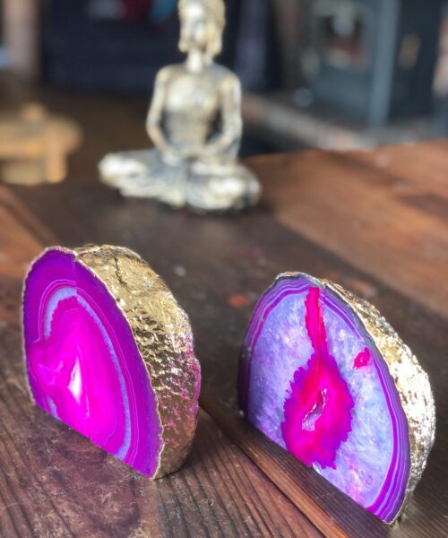 Pink Agate 24ct Gold Edge Microcrystalline Quartz Premium Bookends Ornament Gift