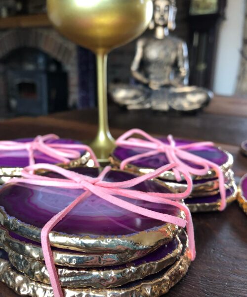 Pink Agate 24ct Gold Edge, Gilded, Microcrystalline Quartz Premium Coasters (Set of 4) Gift