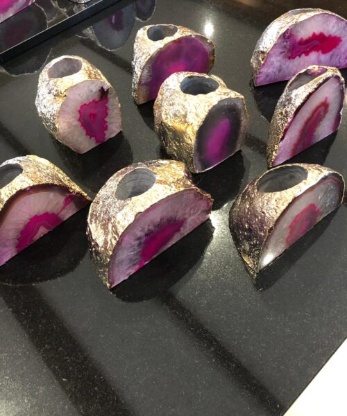 Large Pink Agate End Microcrystalline Quartz Gold Gilded 24ct Gold Tealight Candle Holder