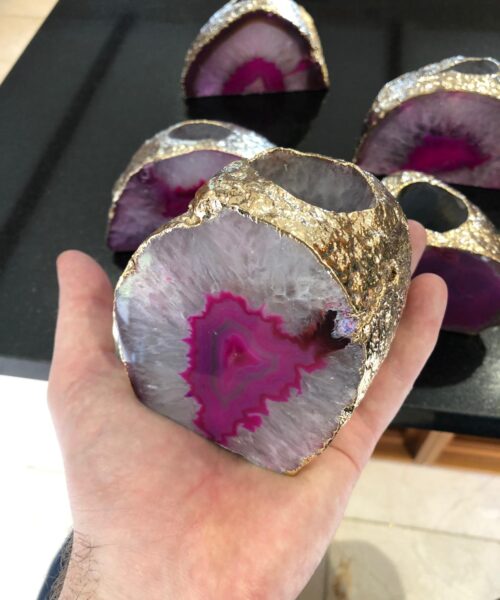 Large Pink Agate End Microcrystalline Quartz Gold Gilded 24ct Gold Tealight Candle Holder - Image 21