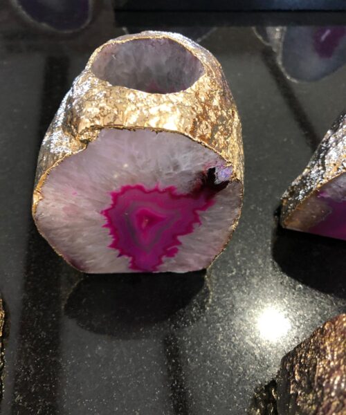 Large Pink Agate End Microcrystalline Quartz Gold Gilded 24ct Gold Tealight Candle Holder - Image 7