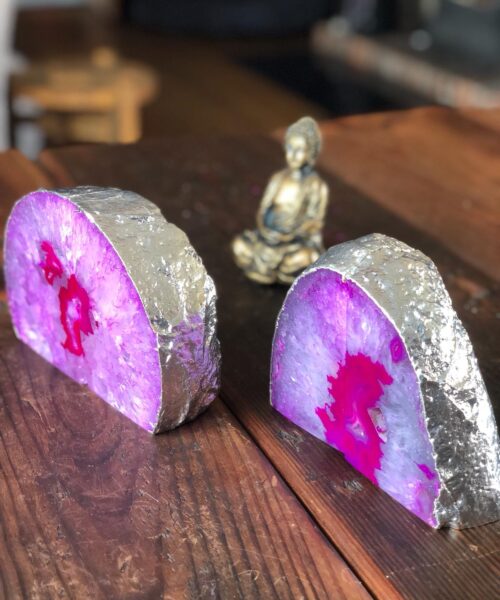 Pink Agate Silver Edge Microcrystalline Quartz Premium Bookends Ornament Gift