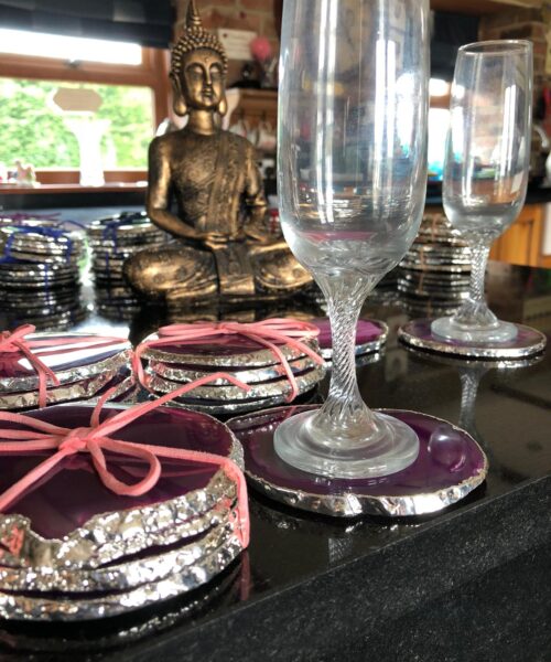 Alternative view of Pink Agate Silver Edge, Gilded, Microcrystalline Quartz Premium Coasters (Set of 4) Gift