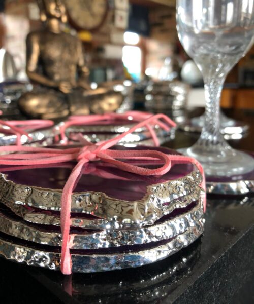 Pink Agate Silver Edge, Gilded, Microcrystalline Quartz Premium Coasters (Set of 4) Gift - Image 3
