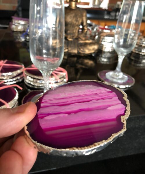 Pink Agate Silver Edge, Gilded, Microcrystalline Quartz Premium Coasters (Set of 4) Gift