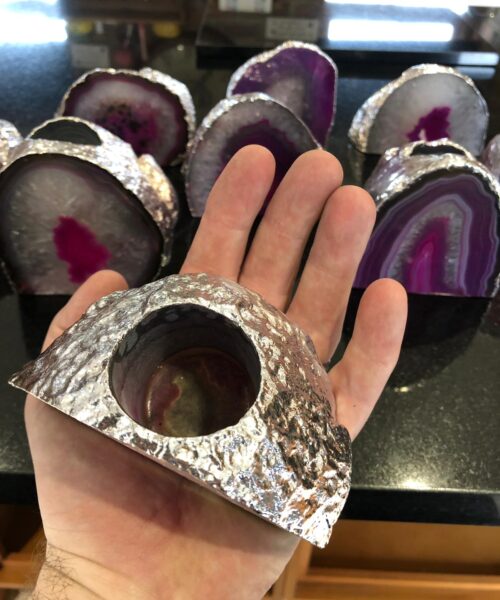 Large Pink Agate End Microcrystalline Quartz Silver Gilded Tealight Candle Holder - Image 3