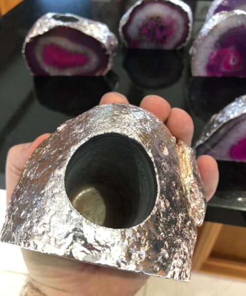 Large Pink Agate End Microcrystalline Quartz Silver Gilded Tealight Candle Holder - Image 5