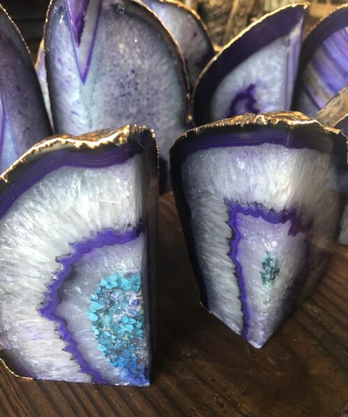 Purple Agate 24ct Gold Edge Microcrystalline Quartz Premium Bookends Ornament Gift