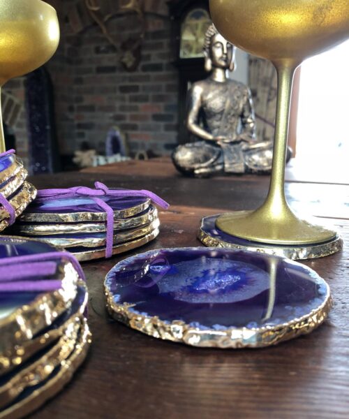 Purple Agate 24ct Gold Edge, Gilded, Microcrystalline Quartz Premium Coasters (Set of 4) Gift
