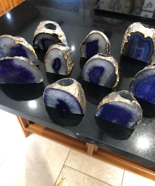 Large Purple Agate End Microcrystalline Quartz Gold Gilded 24ct Gold Tealight Candle Holder