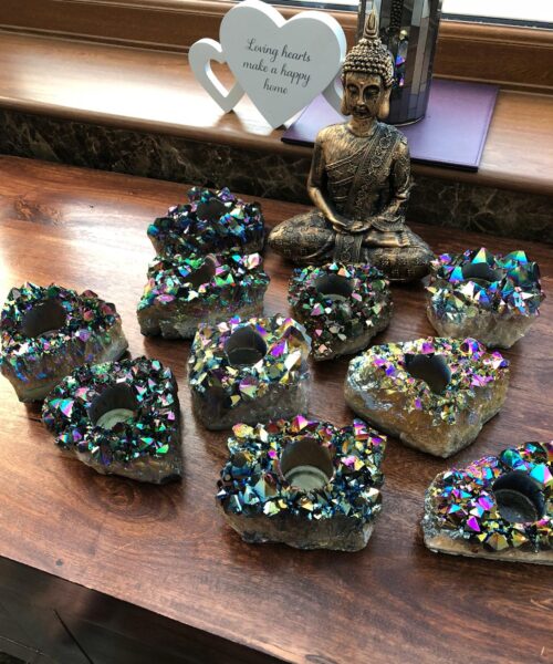 Rainbow Quartz, Aura, Titanium, Point, Cluster, Gemstone Candle Tealight Holder - Image 2
