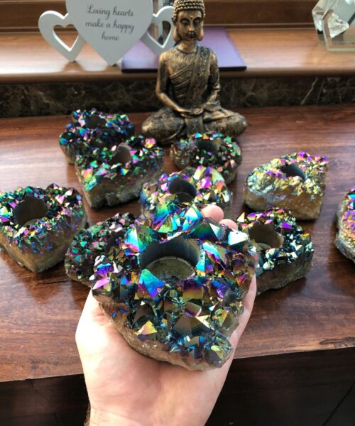 Rainbow Quartz, Aura, Titanium, Point, Cluster, Gemstone Candle Tealight Holder