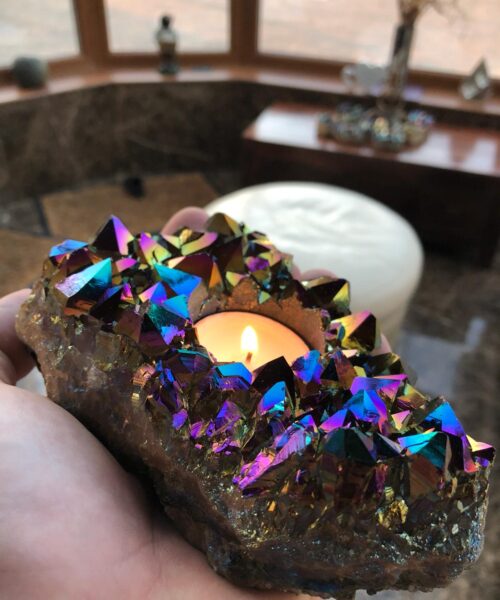 Rainbow Quartz, Aura, Titanium, Point, Cluster, Gemstone Candle Tealight Holder - Image 17