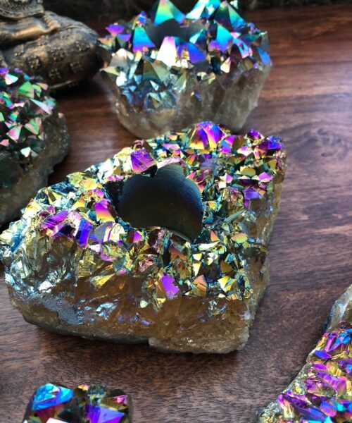 Rainbow Quartz, Aura, Titanium, Point, Cluster, Gemstone Candle Tealight Holder - Image 8