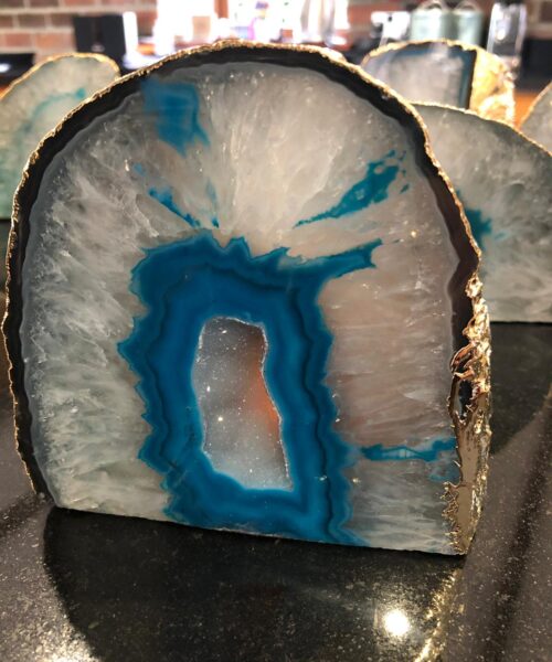 Large Teal Agate End Microcrystalline Quartz Gold Gilded 24ct Gold Tealight Candle Holder